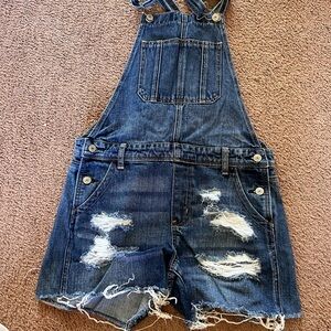 American Eagle Outfitters Dark Blue Denim Short Overalls